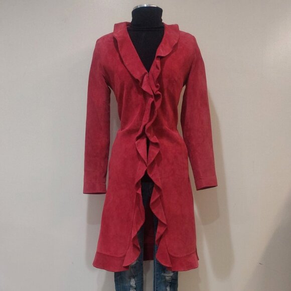 💋STUNNING BOHO CHIC💋Vintage Genuine Suede Ruffled Trench Coat in Rose Red - Picture 2 of 11